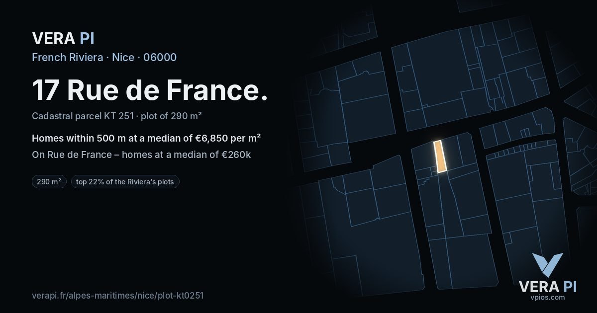 17 Rue de France, Nice at night – the plot lit, the parcels around coloured by the prices near them