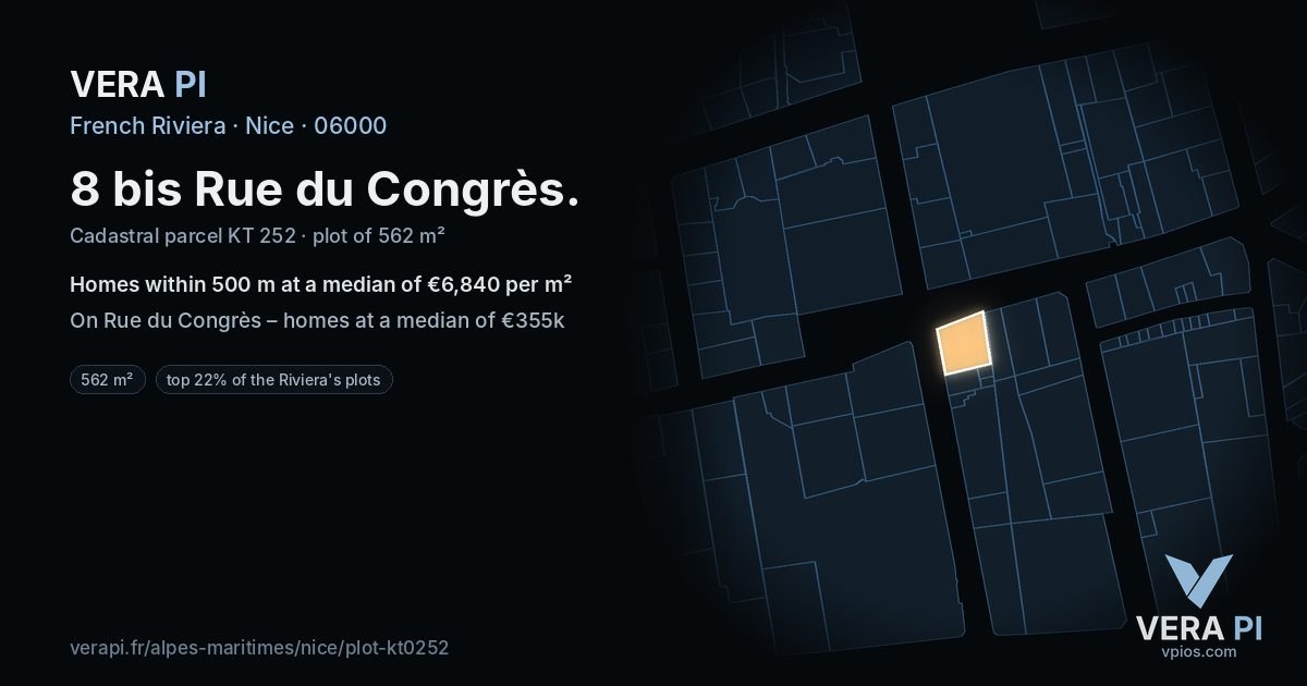 8 bis Rue du Congrès, Nice at night – the plot lit, the parcels around coloured by the prices near them