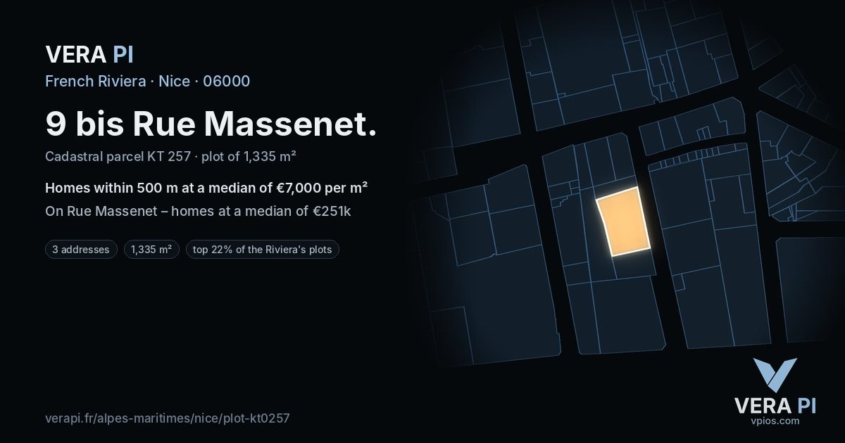 9 bis Rue Massenet, Nice at night – the plot lit, the parcels around coloured by the prices near them