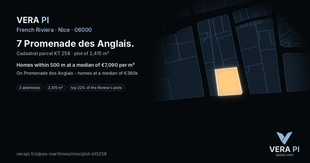 7 Promenade des Anglais, Nice at night – the plot lit, the parcels around coloured by the prices near them