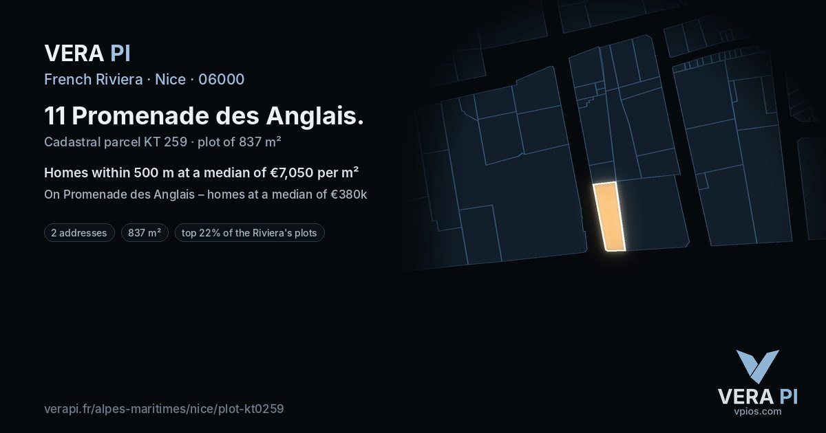 11 Promenade des Anglais, Nice at night – the plot lit, the parcels around coloured by the prices near them