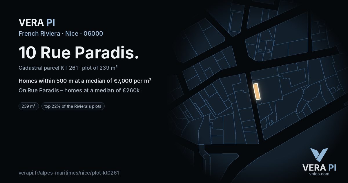 10 Rue Paradis, Nice at night – the plot lit, the parcels around coloured by the prices near them