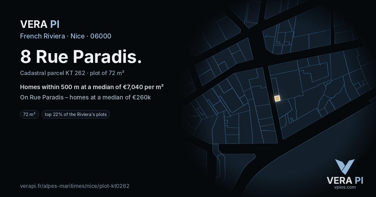 8 Rue Paradis, Nice at night – the plot lit, the parcels around coloured by the prices near them