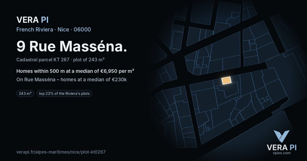9 Rue Masséna, Nice at night – the plot lit, the parcels around coloured by the prices near them