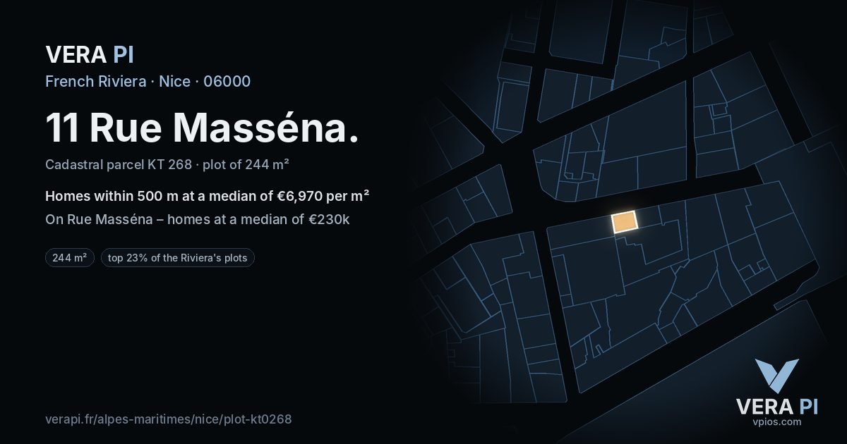 11 Rue Masséna, Nice at night – the plot lit, the parcels around coloured by the prices near them