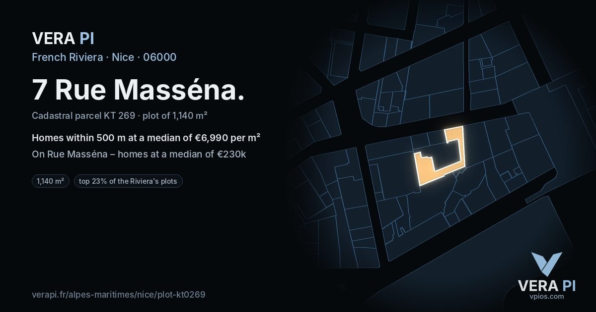 7 Rue Masséna, Nice at night – the plot lit, the parcels around coloured by the prices near them