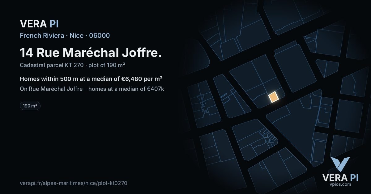 14 Rue Maréchal Joffre, Nice at night – the plot lit, the parcels around coloured by the prices near them