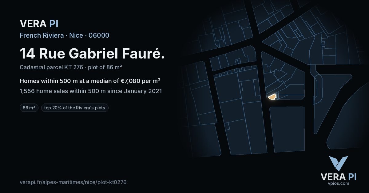 14 Rue Gabriel Fauré, Nice at night – the plot lit, the parcels around coloured by the prices near them