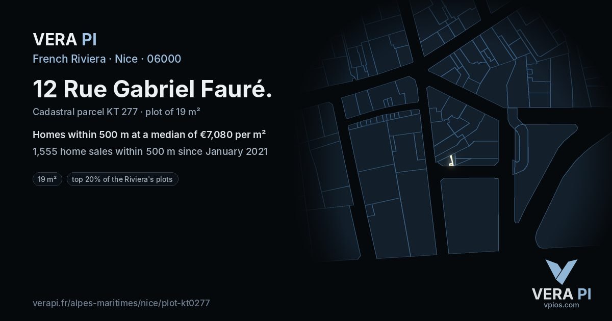 12 Rue Gabriel Fauré, Nice at night – the plot lit, the parcels around coloured by the prices near them