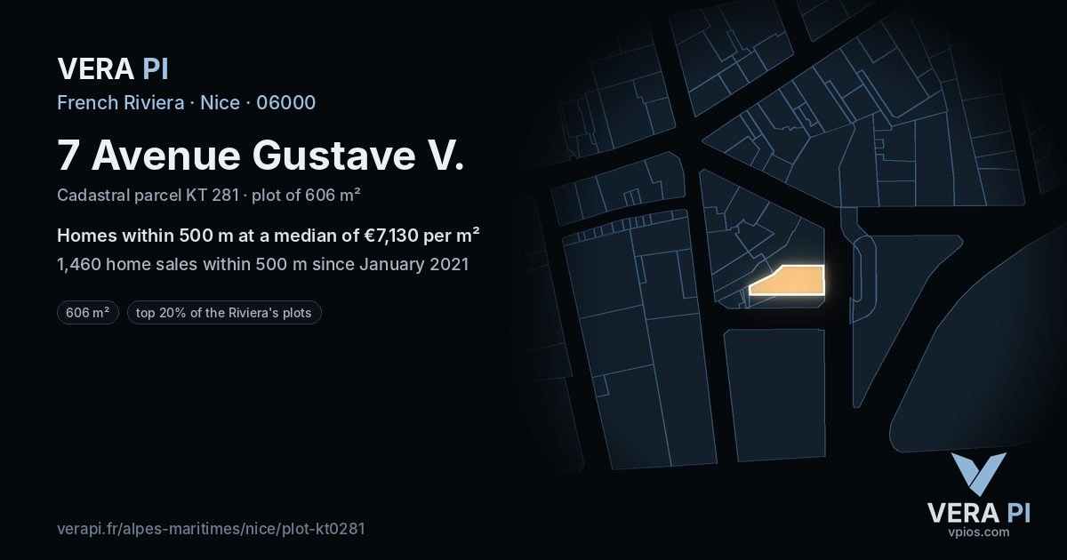 7 Avenue Gustave V, Nice at night – the plot lit, the parcels around coloured by the prices near them