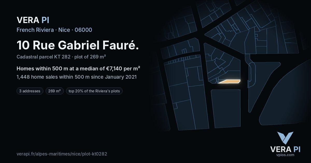 10 Rue Gabriel Fauré, Nice at night – the plot lit, the parcels around coloured by the prices near them