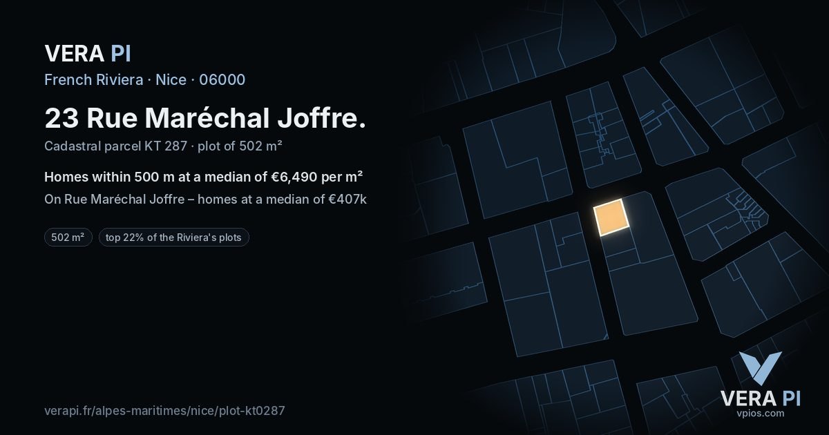 23 Rue Maréchal Joffre, Nice at night – the plot lit, the parcels around coloured by the prices near them