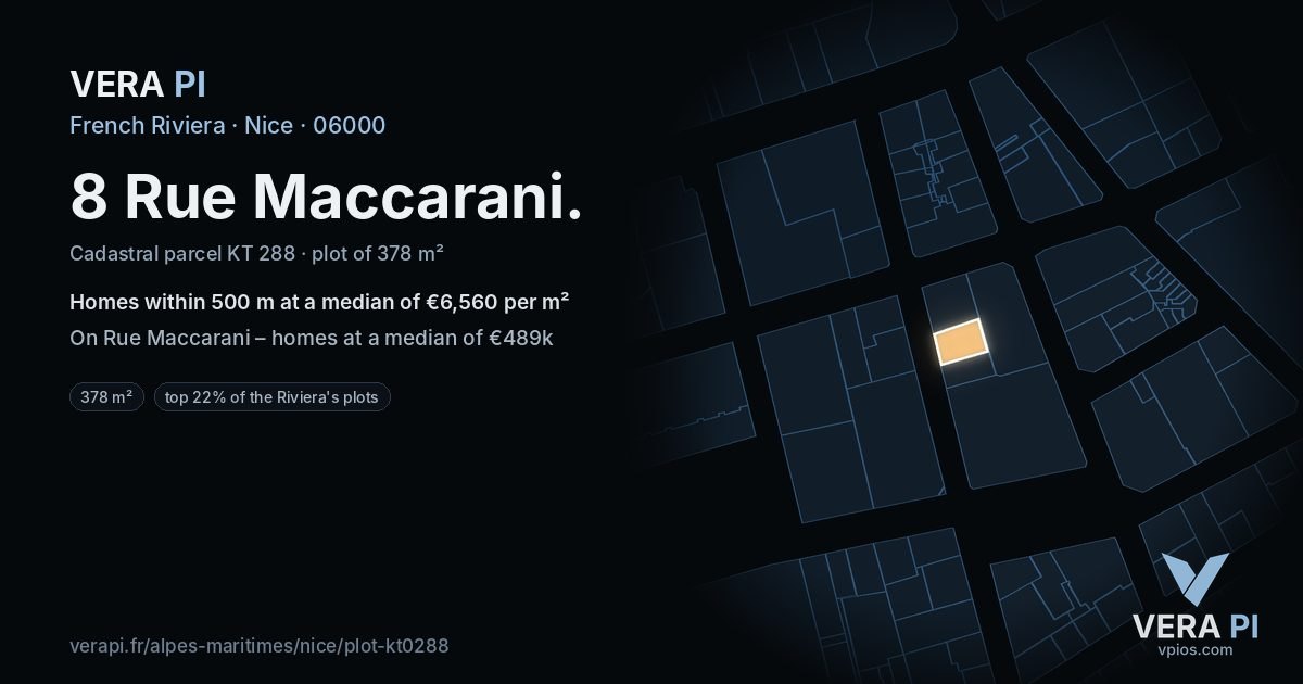8 Rue Maccarani, Nice at night – the plot lit, the parcels around coloured by the prices near them