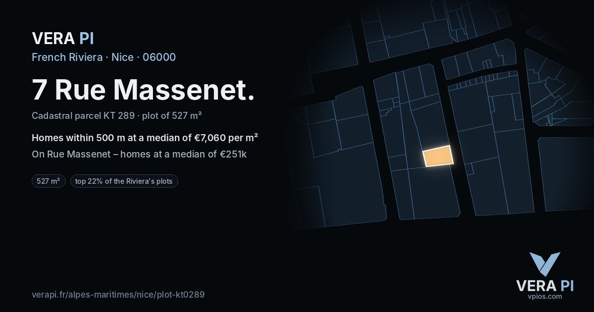 7 Rue Massenet, Nice at night – the plot lit, the parcels around coloured by the prices near them