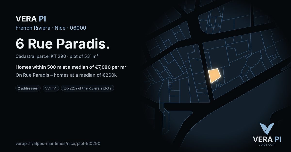 6 Rue Paradis, Nice at night – the plot lit, the parcels around coloured by the prices near them
