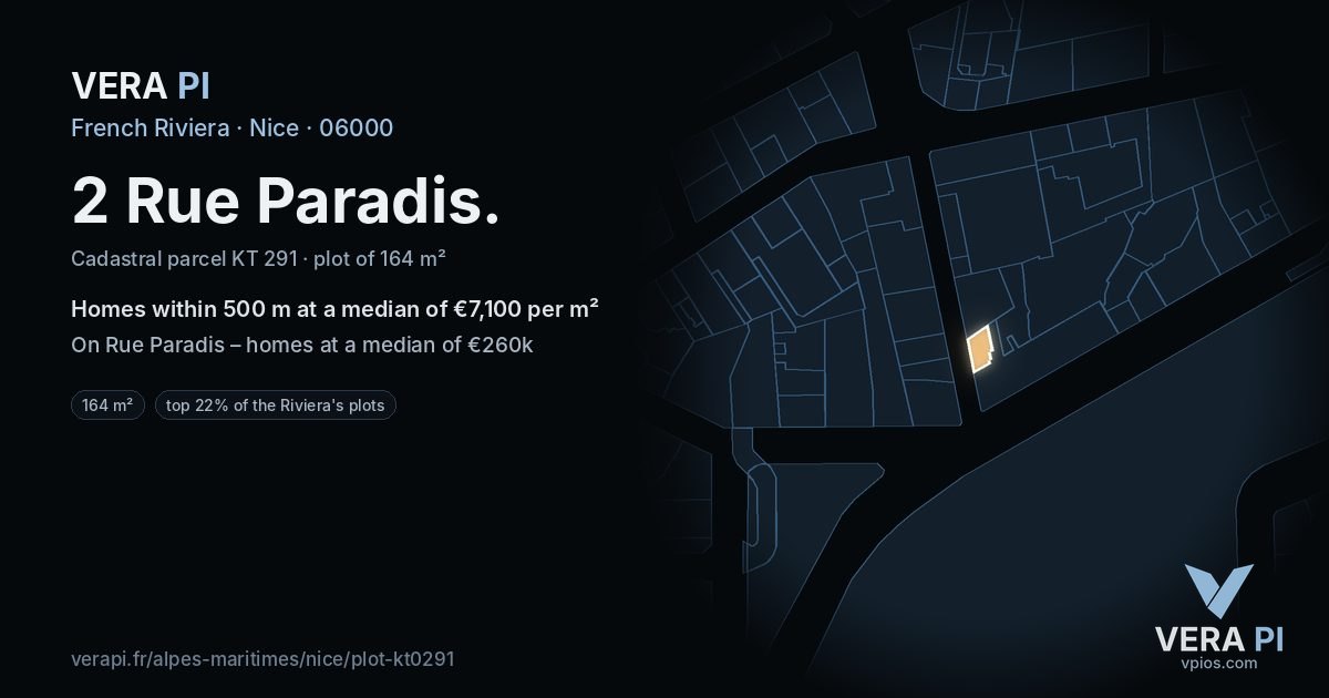 2 Rue Paradis, Nice at night – the plot lit, the parcels around coloured by the prices near them
