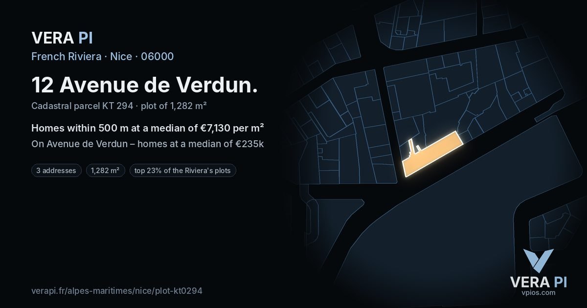12 Avenue de Verdun, Nice at night – the plot lit, the parcels around coloured by the prices near them