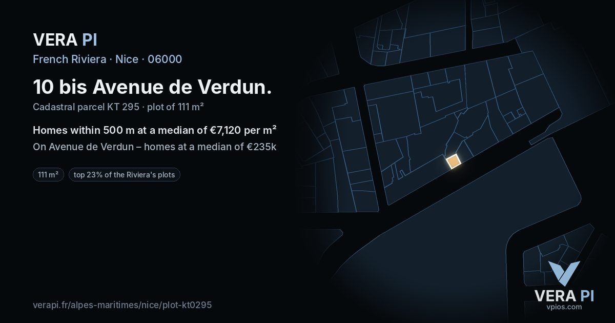 10 bis Avenue de Verdun, Nice at night – the plot lit, the parcels around coloured by the prices near them
