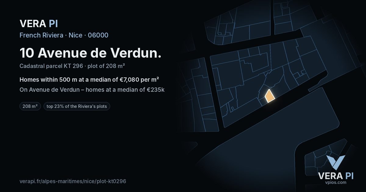 10 Avenue de Verdun, Nice at night – the plot lit, the parcels around coloured by the prices near them