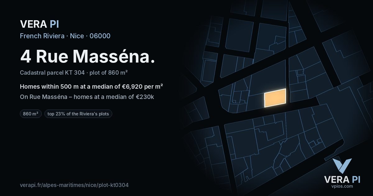 4 Rue Masséna, Nice at night – the plot lit, the parcels around coloured by the prices near them