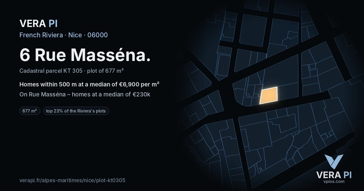 6 Rue Masséna, Nice at night – the plot lit, the parcels around coloured by the prices near them