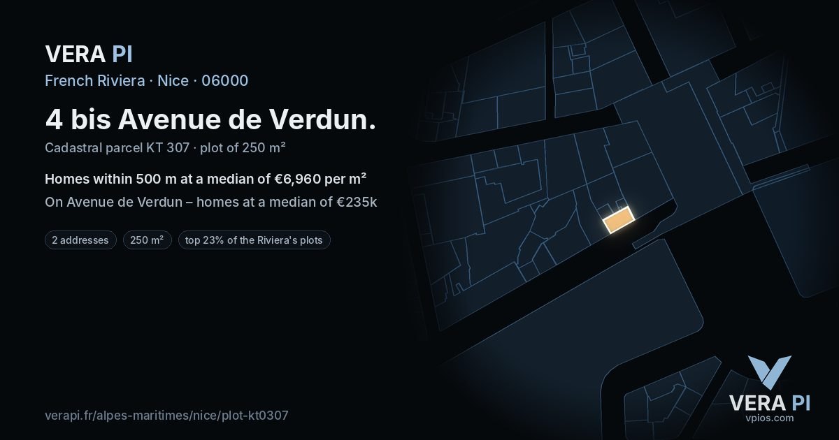 4 bis Avenue de Verdun, Nice at night – the plot lit, the parcels around coloured by the prices near them