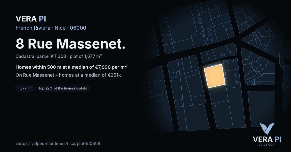 8 Rue Massenet, Nice at night – the plot lit, the parcels around coloured by the prices near them