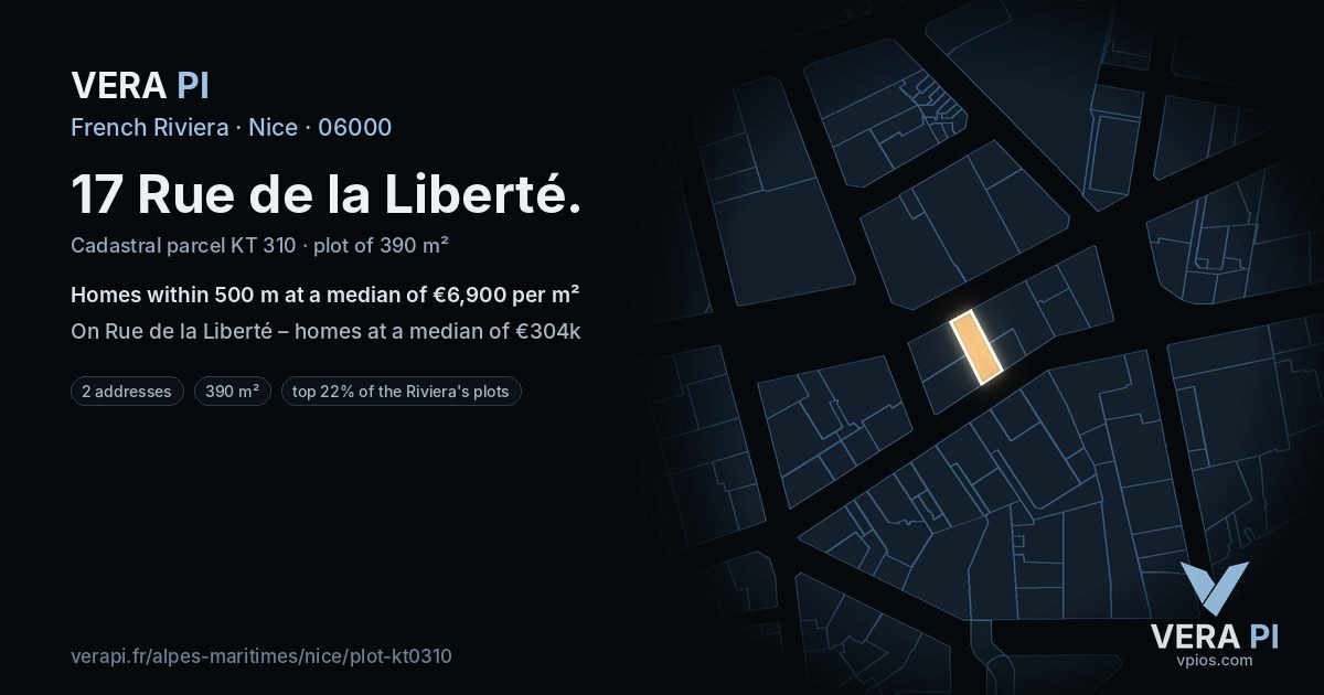 17 Rue de la Liberté, Nice at night – the plot lit, the parcels around coloured by the prices near them