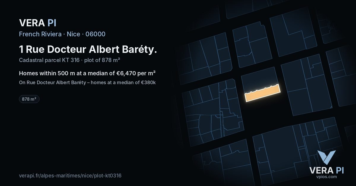 1 Rue Docteur Albert Baréty, Nice at night – the plot lit, the parcels around coloured by the prices near them