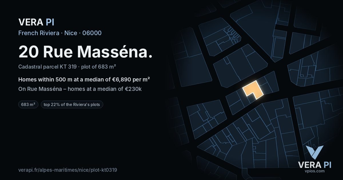 20 Rue Masséna, Nice at night – the plot lit, the parcels around coloured by the prices near them