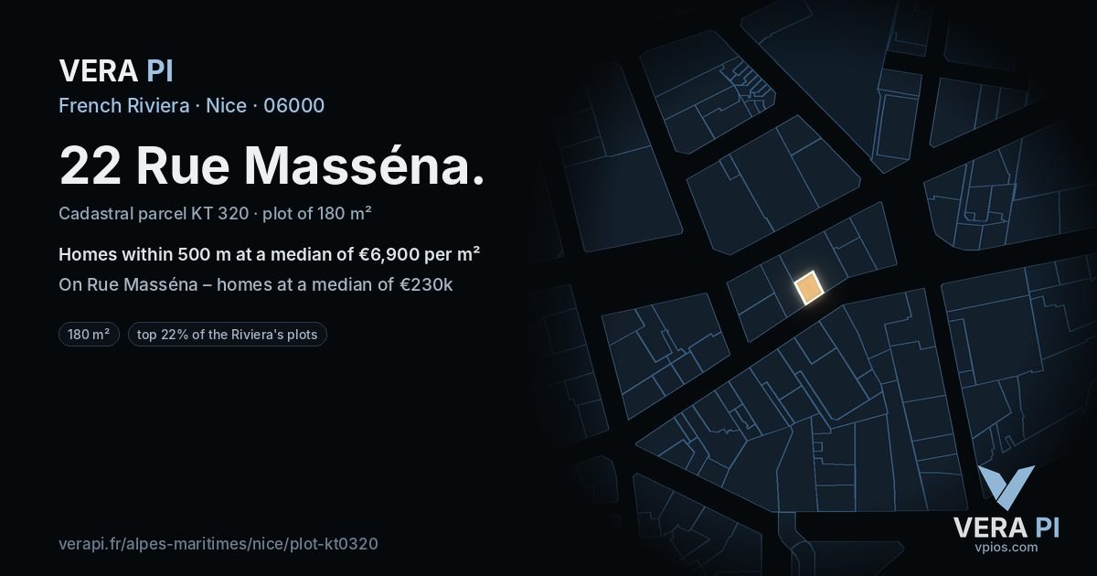 22 Rue Masséna, Nice at night – the plot lit, the parcels around coloured by the prices near them