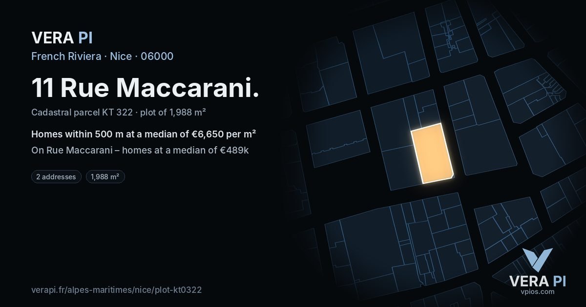11 Rue Maccarani, Nice at night – the plot lit, the parcels around coloured by the prices near them