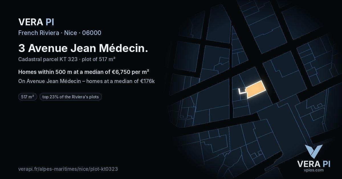 3 Avenue Jean Médecin, Nice at night – the plot lit, the parcels around coloured by the prices near them