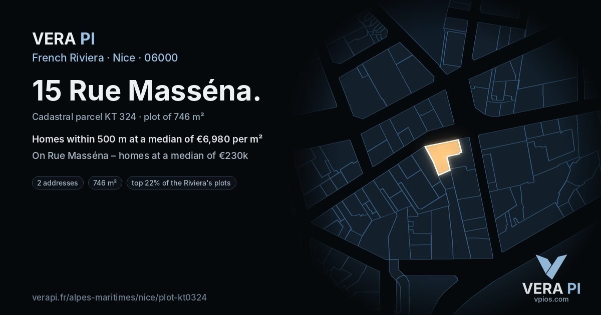 15 Rue Masséna, Nice at night – the plot lit, the parcels around coloured by the prices near them