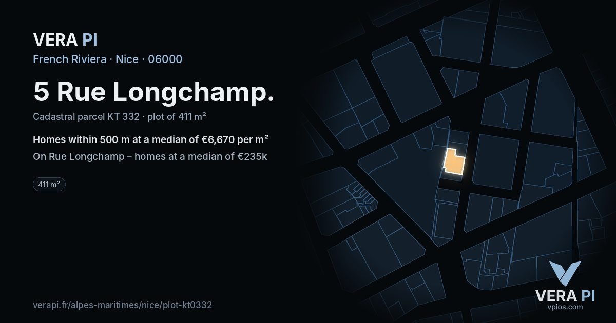 5 Rue Longchamp, Nice at night – the plot lit, the parcels around coloured by the prices near them