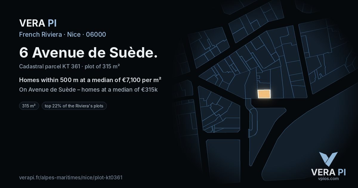 6 Avenue de Suède, Nice at night – the plot lit, the parcels around coloured by the prices near them