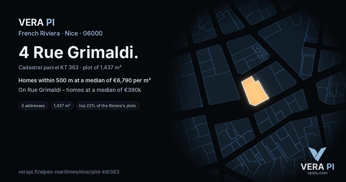 4 Rue Grimaldi, Nice at night – the plot lit, the parcels around coloured by the prices near them