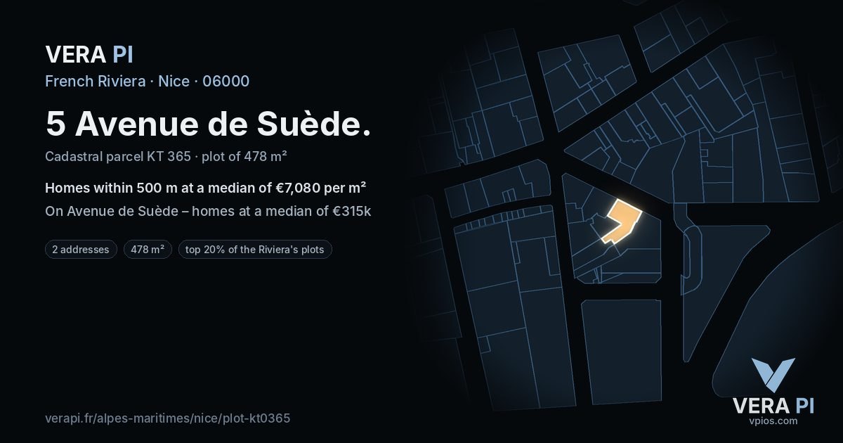 5 Avenue de Suède, Nice at night – the plot lit, the parcels around coloured by the prices near them