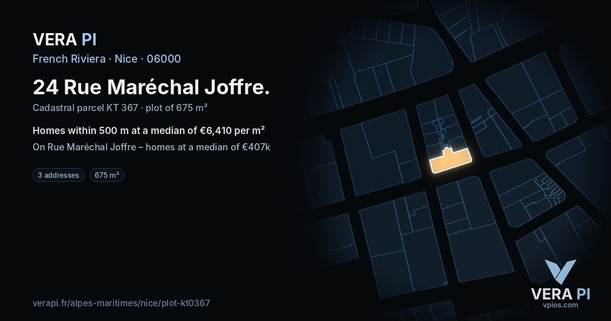 24 Rue Maréchal Joffre, Nice at night – the plot lit, the parcels around coloured by the prices near them