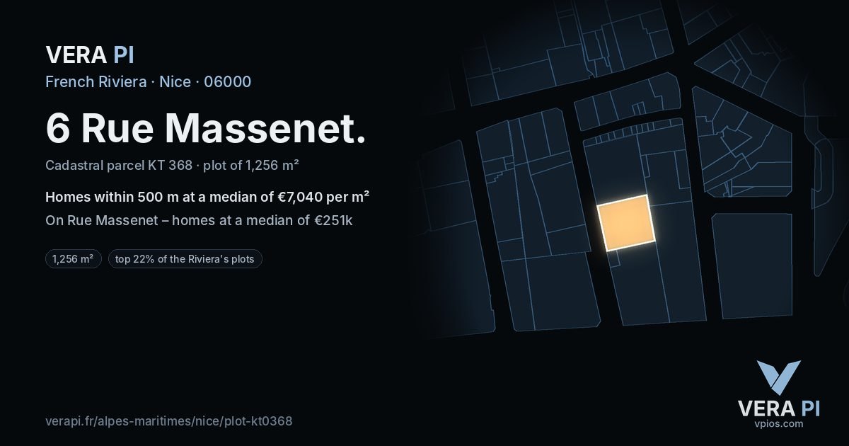 6 Rue Massenet, Nice at night – the plot lit, the parcels around coloured by the prices near them
