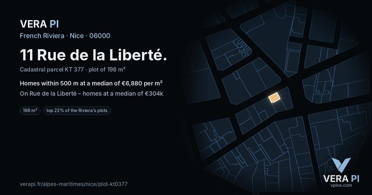 11 Rue de la Liberté, Nice at night – the plot lit, the parcels around coloured by the prices near them