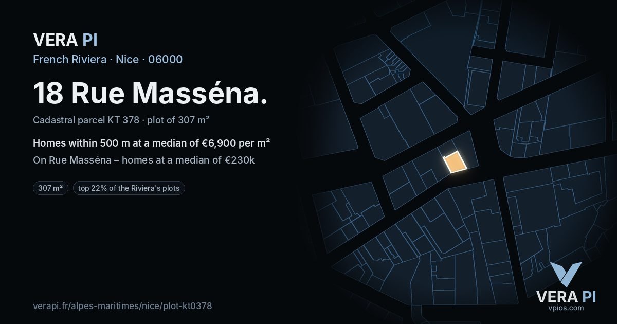 18 Rue Masséna, Nice at night – the plot lit, the parcels around coloured by the prices near them