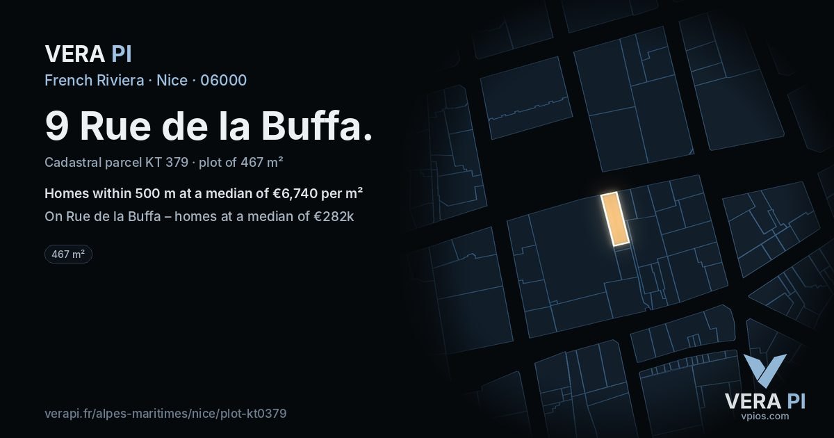 9 Rue de la Buffa, Nice at night – the plot lit, the parcels around coloured by the prices near them