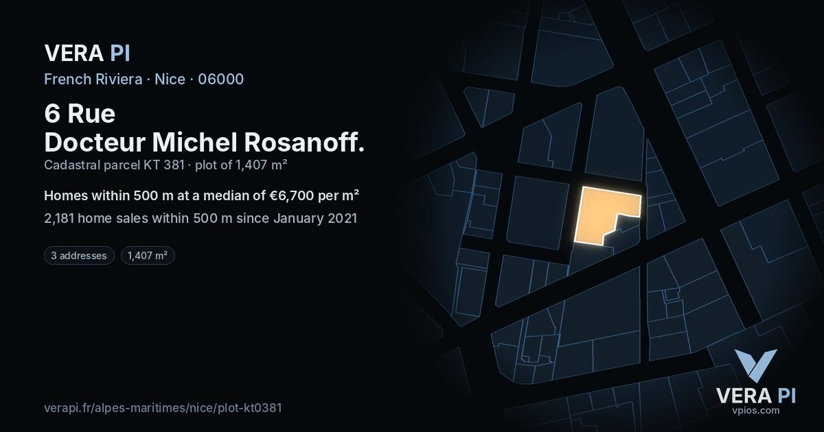 6 Rue Docteur Michel Rosanoff, Nice at night – the plot lit, the parcels around coloured by the prices near them