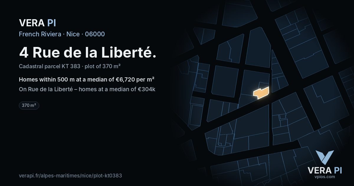 4 Rue de la Liberté, Nice at night – the plot lit, the parcels around coloured by the prices near them