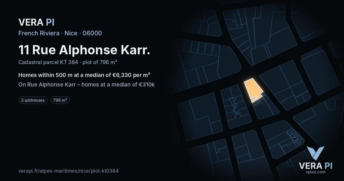 11 Rue Alphonse Karr, Nice at night – the plot lit, the parcels around coloured by the prices near them