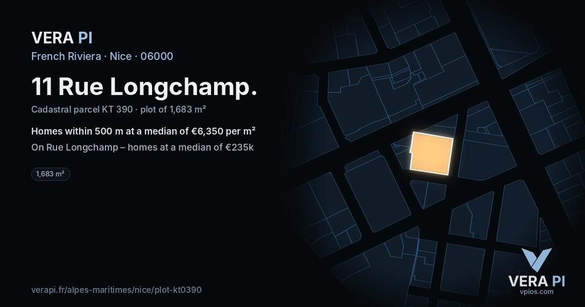 11 Rue Longchamp, Nice at night – the plot lit, the parcels around coloured by the prices near them
