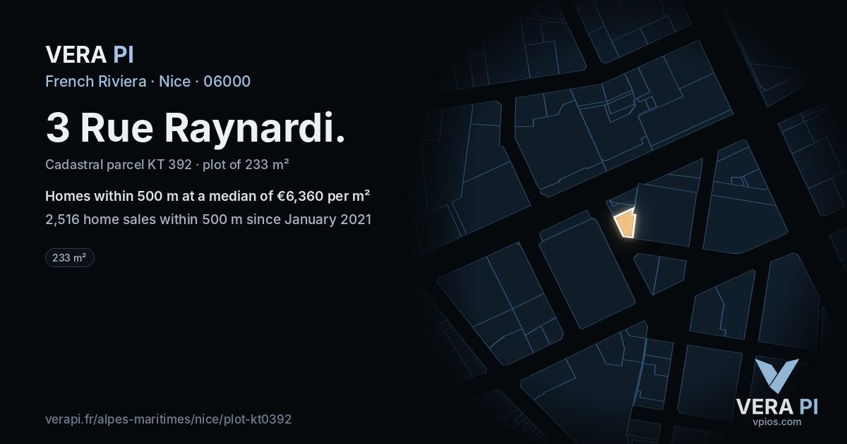 3 Rue Raynardi, Nice at night – the plot lit, the parcels around coloured by the prices near them