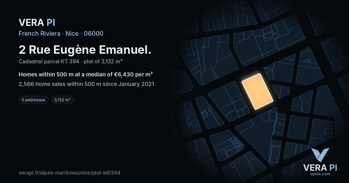 2 Rue Eugène Emanuel, Nice at night – the plot lit, the parcels around coloured by the prices near them