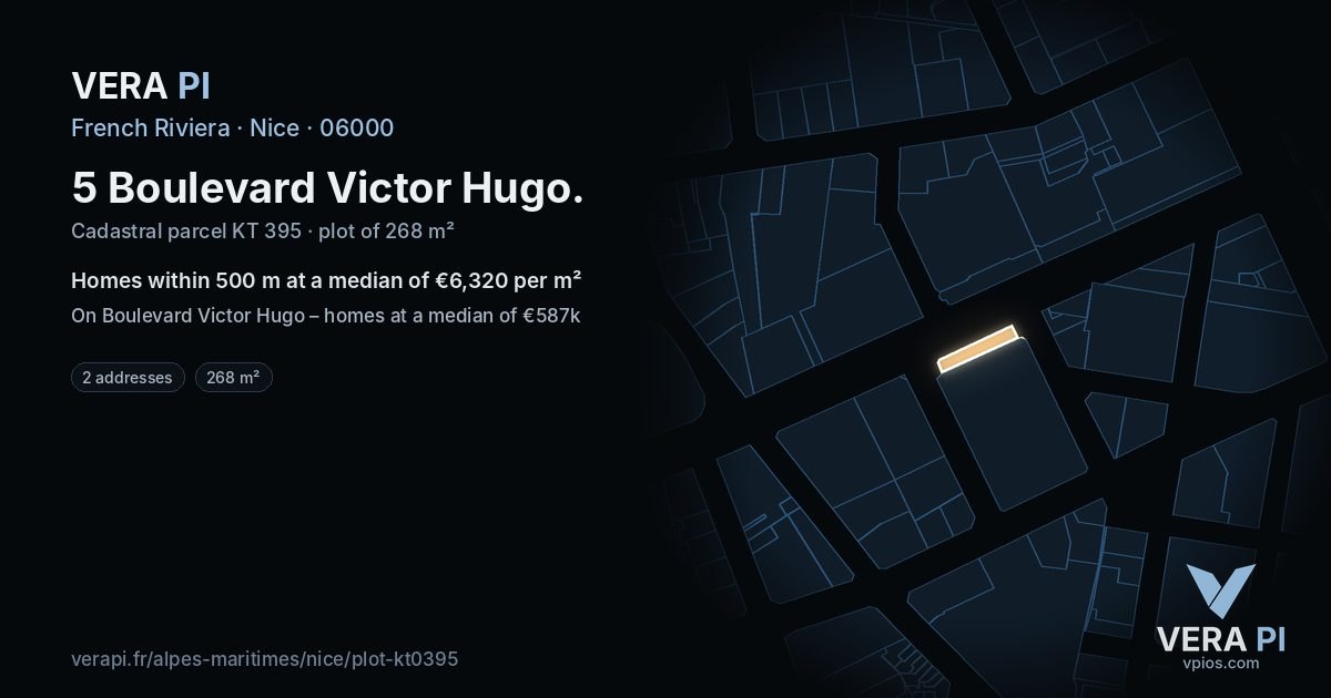 5 Boulevard Victor Hugo, Nice at night – the plot lit, the parcels around coloured by the prices near them